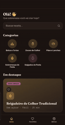 Demonstração do app em uso, navegando pelas categorias e receitas